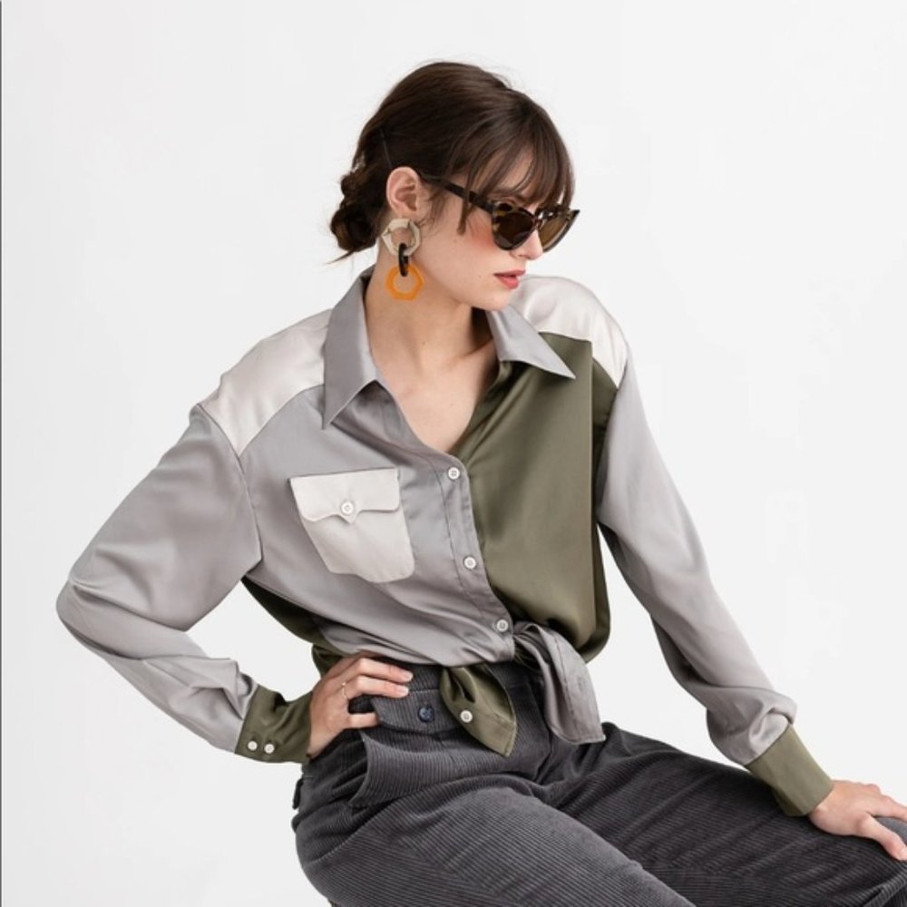 Petite Studio Olive Green and Light Gray Satin Button-Up Blouse